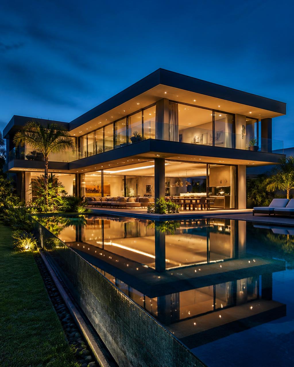 Casa moderna de luxo ao entardecer com iluminação quente