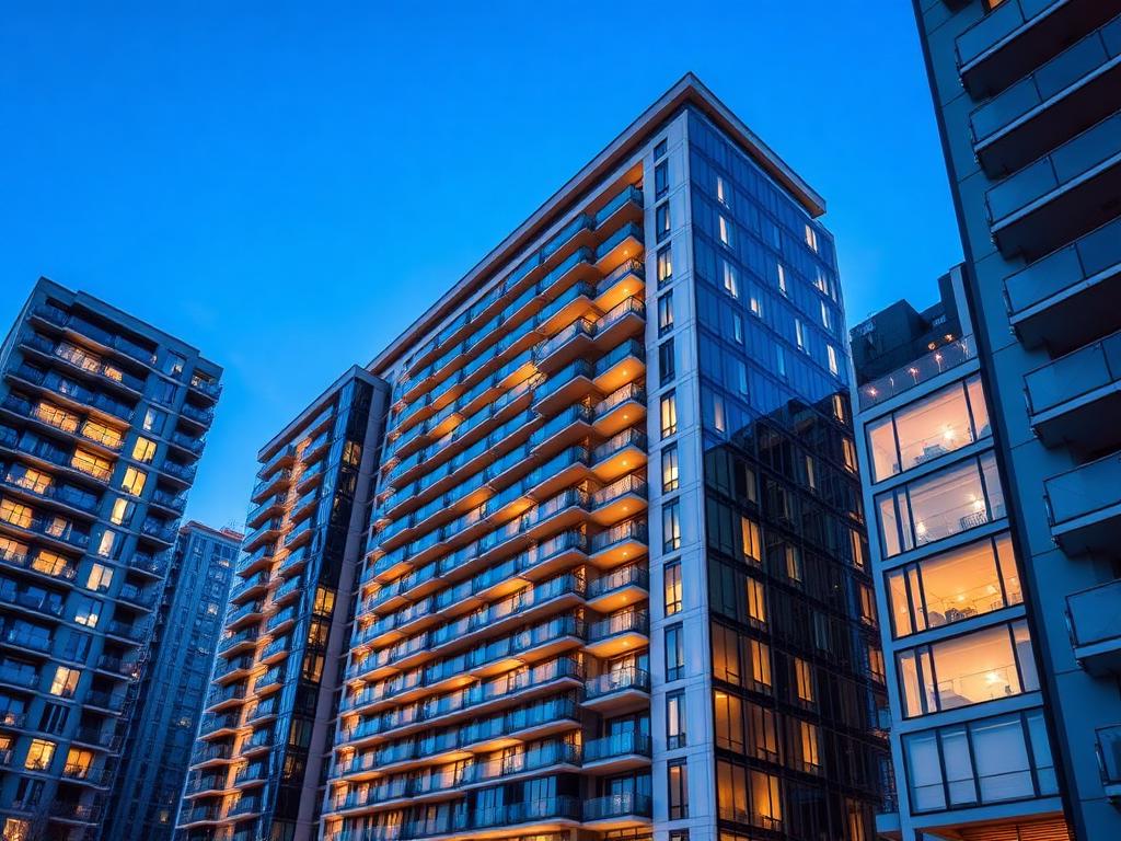 Edifício de apartamentos moderno ao anoitecer